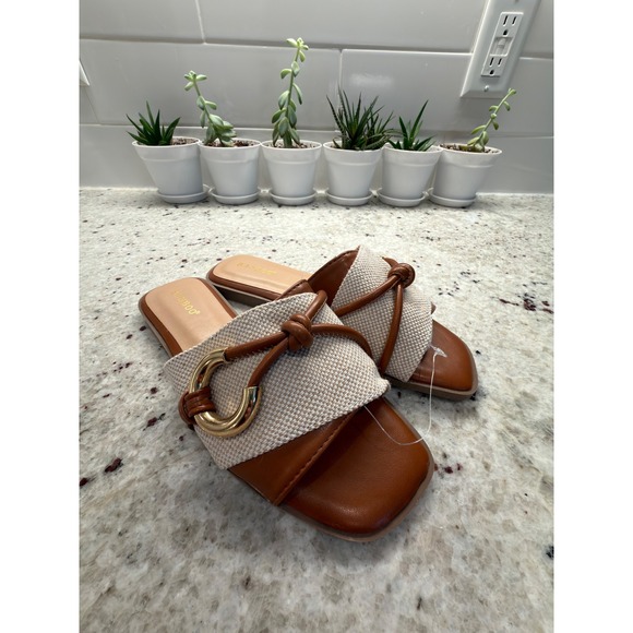 Shoes - Bamboo Size 7 Tan Woven Slide Sandals Gold Buckle